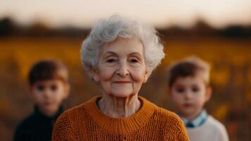 Family connection grandmother and children in a field portrait photography warm atmosphere intimate perspective photo
