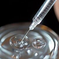 Close-up of a syringe extracting liquid from a bottle with bubbles, highlighting precision and medical technology. photo