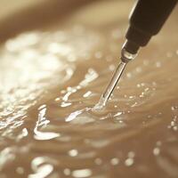 Close-up of a pipette dropping liquid into a viscous substance, creating ripples on the surface. Warm and soft lighting enhances the fluid texture. photo