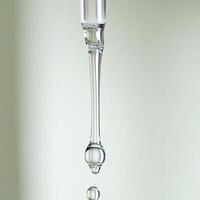 Close-up of a droplet falling from a glass pipette against a soft green background. photo