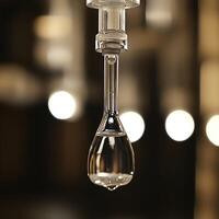 Close-up of a droplet suspended from a laboratory glass dropper, with blurred lights in the background, symbolizing precision in scientific experiments. photo