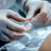 A person wearing gloves handling a transparent plastic sheet in a precise manner in a laboratory setting. photo