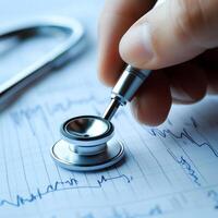 Close-up of a hand using a stethoscope on graph paper, representing healthcare analytics and medical research innovation. photo