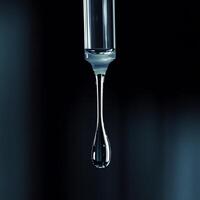 Close-up of a liquid drop forming at the tip of a pipette against a dark background, capturing the moment before it falls. photo