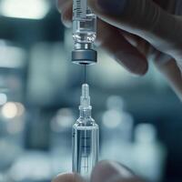 Close-up of hands handling a syringe and vial with a blurred background, representing medical injection preparation in a laboratory setting. photo