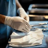 Close-up of a surgeon's hands in gloves preparing surgical instruments on a sterile table, highlighting precision and care in a medical setting. photo