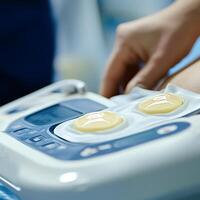 Close-up of a medical device with control buttons, highlighting technology in healthcare, blue and white colors with a hand adjusting settings. photo