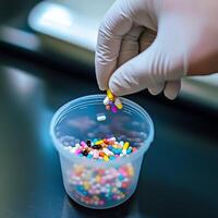 Gloved hand placing colorful pills into a clear plastic container on a metal surface, showcasing pharmaceutical precision. photo