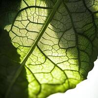 Close-up of a green leaf illuminated by sunlight, showcasing intricate vein patterns. photo