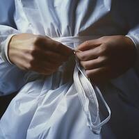 Close-up of hands tying a white lab coat, showcasing precision and readiness. Perfect for medical and scientific themes. photo