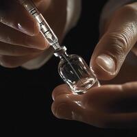 Close-up of hands preparing a syringe with liquid from a vial, representing medical and healthcare themes. photo