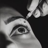 Close-up of an eye with a dropper applying liquid. Monochrome, highlighting detail and precision in scientific procedures. photo