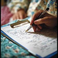 Close-up of a person writing on a clipboard with a pen, with focus on the hand and text, creating a sense of concentration and detail. photo