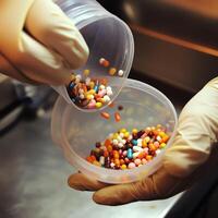Gloved hands sorting colorful pharmaceutical capsules into a plastic container in a laboratory setting. photo