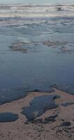 Sea and the beach are polluted with fuel oil. Coastline oil spill impact, pollution, waste disposal. Vertical screen video