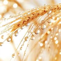 Golden wheat with dew drops, close-up view, showcasing natural beauty and freshness in a soft light setting. photo