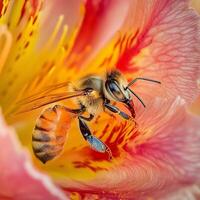 Close-up of a bee on a vibrant pink flower collecting nectar, macro photography. photo