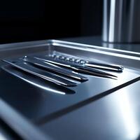 Surgical instruments on a sterile metal tray in a medical setting, highlighting precision and cleanliness in healthcare environments. photo