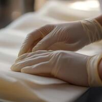 Hands wearing protective gloves carefully handle soft fabric, focusing on hygiene and precision in tactile interactions. photo