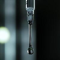 Close-up of laboratory dropper with a droplet of liquid, dark background, focusing on precision and texture. photo
