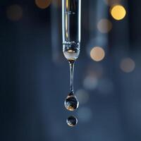 Close-up of a pipette releasing a droplet against a blurred background with bokeh lights, symbolizing precision in scientific research. photo