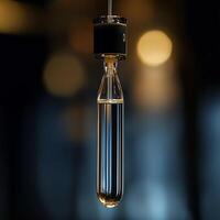 A close-up of an illuminated test tube hanging in a dim laboratory setting, creating a futuristic and analytical mood. photo