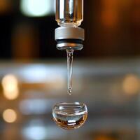 Close-up of a liquid droplet forming at the tip of a glass pipette, with a blurred background, showcasing surface tension and precision in science. photo