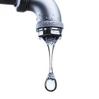 Water droplet from faucet with white isolated background, symbolizing water conservation and environmental awareness. photo