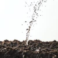 Water droplets splashing on soil with a white isolate background. photo