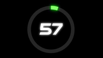 Modern Countdown Sixty Seconds One Minute Animation from 60 to 0 Seconds with Glow Effect and Dark Background. Futuristic Glowing Design. 4K UHD video