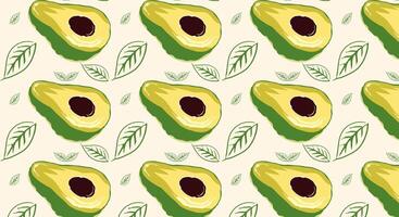 Seamless pattern with fresh green avocado. Fresh avocado with seeds. vector
