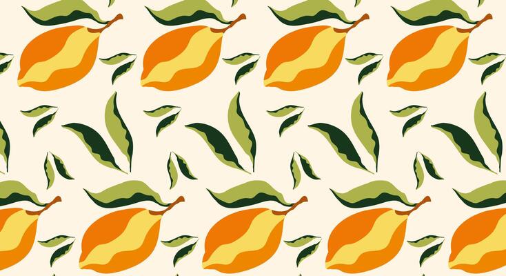 Lemons on tree branches, seamless pattern. Yellow lemon fruit .