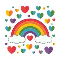 A rainbow with hearts surrounding it. The rainbow is colorful and the hearts are in various colors. Concept of happiness and love vector