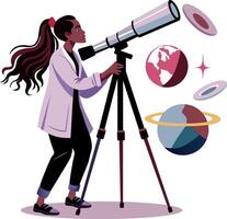 A flat illustration of an astronomer looking planets with a telescope vector