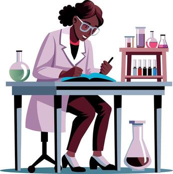 Lab scientist reading a book in laboratory flat style illustration vector