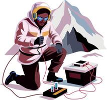 A flat illustration of a climate scientist researching on a snowy mountain vector