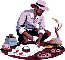 Archaeologist collecting different samples from ground, flat style illustration vector