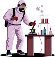 A flat illustration of a character wearing a safety suit doing hazardous experiment vector