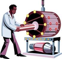 A flat illustration of a particle physicist doing experiment in a rotating machine vector