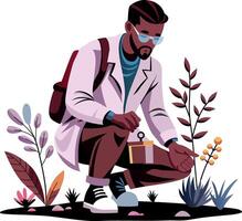 A flat illustration of a botanist checking plants vector