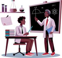 A flat illustration of a physics teacher giving lecture to student vector