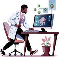A flat illustration of computational biologist researching on computer vector