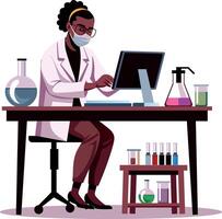 Female scientist working on a computer, flat style illustration vector