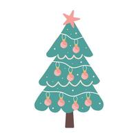 Christmas tree with baubles and star isolated on white background. Nursery art and Scandinavian style. vector