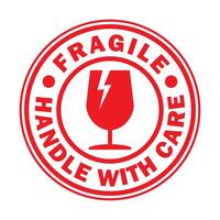 Fragile round circle stamp sticker icon symbol. Handle with care logo sign. Keep dry, This way up. illustration image. Isolated on white background. vector