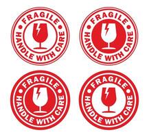 Fragile round circle stamp sticker icon symbol set. Handle with care logo sign. Keep dry, This way up. illustration image. Isolated on white background. vector