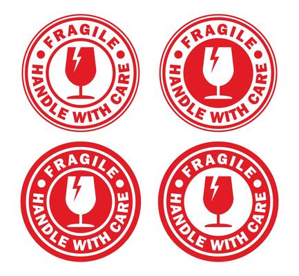Fragile round circle stamp sticker icon symbol set. Handle with care logo sign. Keep dry, This way up. illustration image. Isolated on white background.