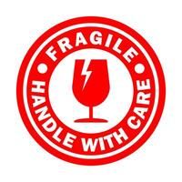 Red ink Fragile round circle stamp sticker icon symbol. Handle with care logo sign. Keep dry, This way up. illustration image. Isolated on white background. vector