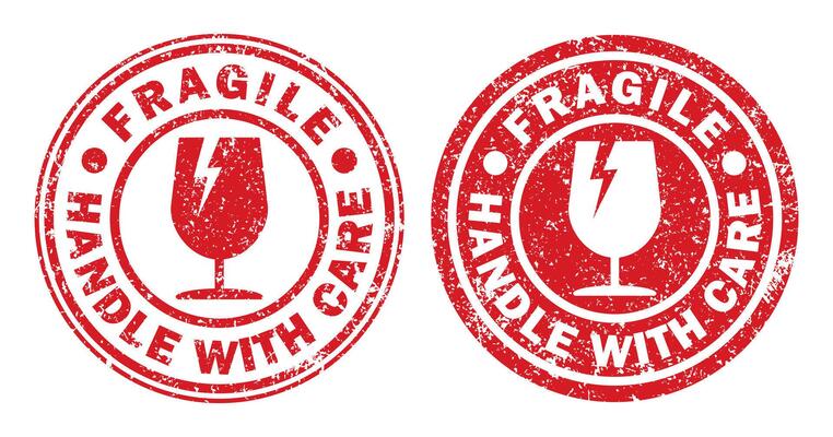 Fragile round circle grunge stamp sticker icon symbol. Handle with care logo sign. Keep dry, This way up. illustration image. Isolated on white background.