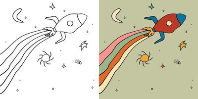 Groovy cartoon retro style space rocket seamless pattern, coloring page 60s 70s 80s space galaxy universe illustration vector